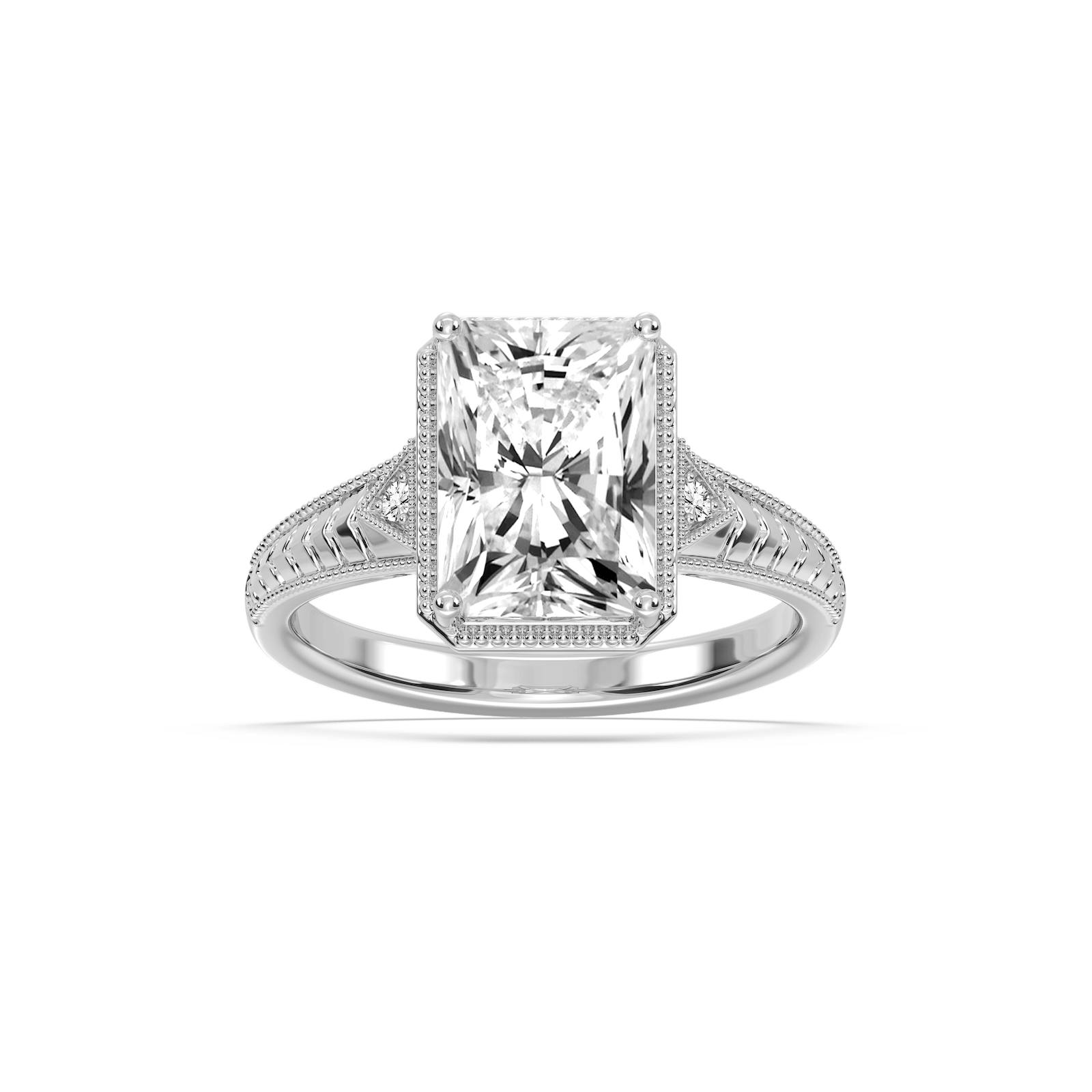 Alexandra Radiant Lab Grown Diamond Vintage Bezel and Milgrain Side Stone Engagement Ring
