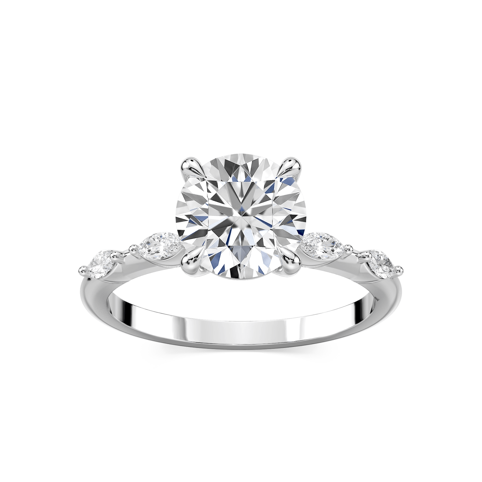Amelie Round Lab Grown Diamond Spaced Marquise Side Stone Engagement Ring