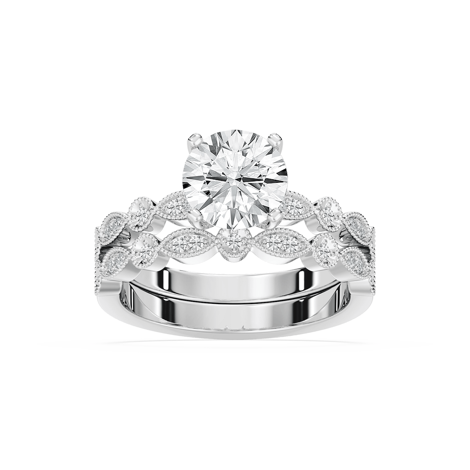Wedding Set shown with a 1.0ct Princess Cut Lab Grown Diamond | antique Wedding Set shown with a 1.0ct Princess Cut Lab Grown Diamond