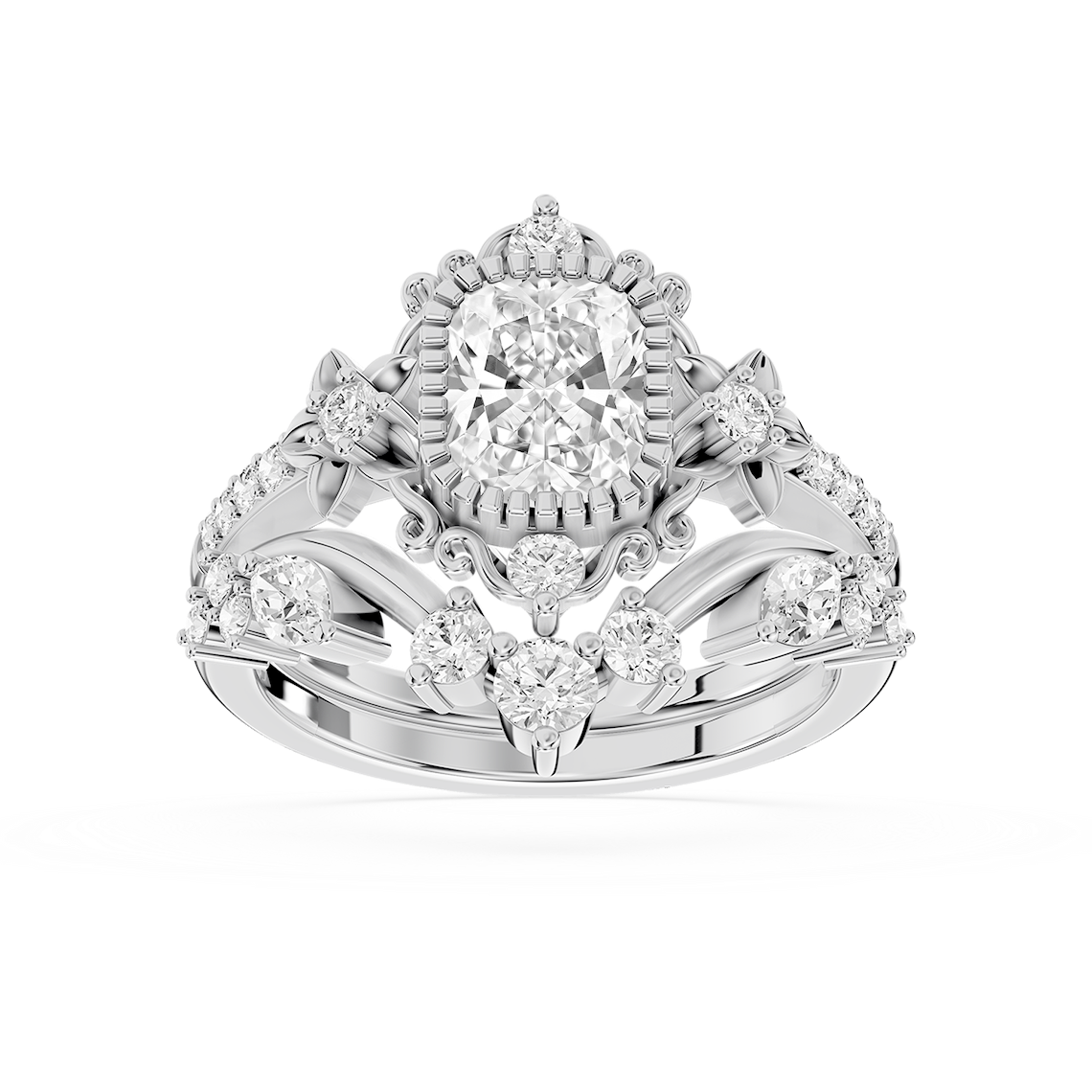 Analeah 1 ⅝ ctw Elongated Cushion Lab Grown Diamond Vintage Filigree Halo Bridal Set