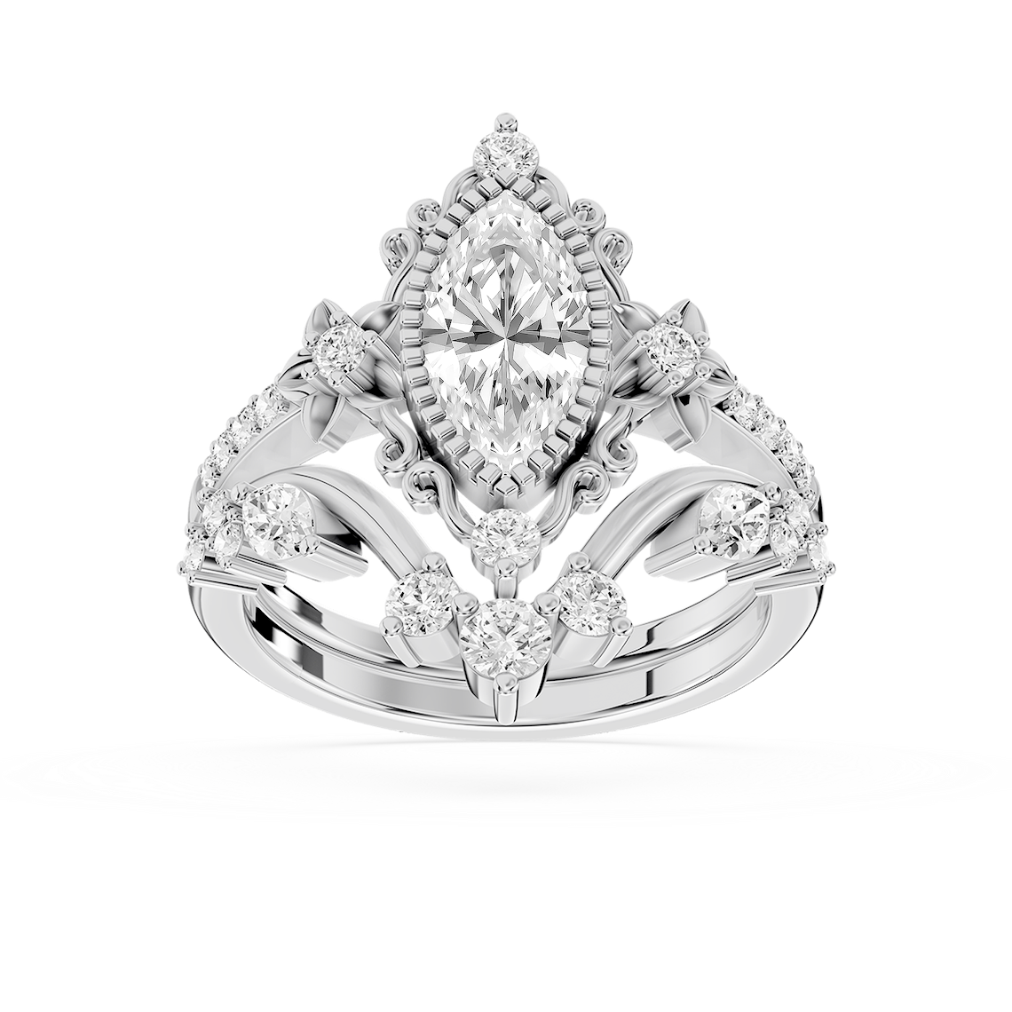 Analeah 1 ⅝ ctw Marquise Lab Grown Diamond Vintage Filigree Halo Bridal Set