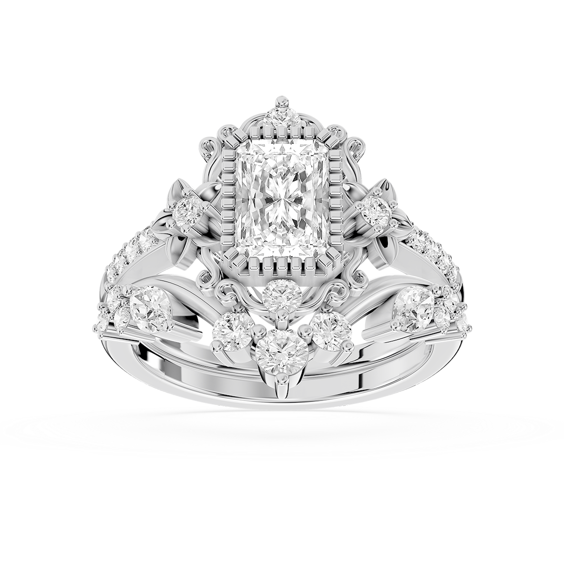Analeah 1 ⅝ ctw Radiant Lab Grown Diamond Vintage Filigree Halo Bridal Set