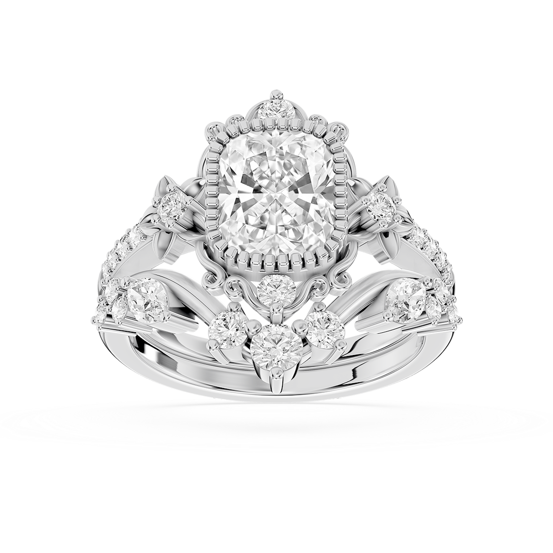 Analeah 2 ctw Elongated Cushion Lab Grown Diamond Vintage Filigree Halo Bridal Set