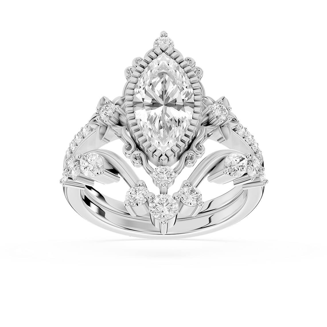 Analeah 2 ctw Marquise Lab Grown Diamond Vintage Filigree Halo Bridal Set