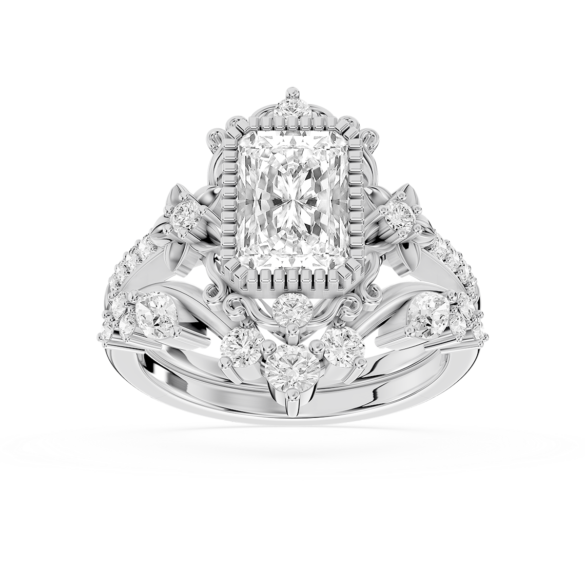 Analeah 2 ctw Radiant Lab Grown Diamond Vintage Filigree Halo Bridal Set