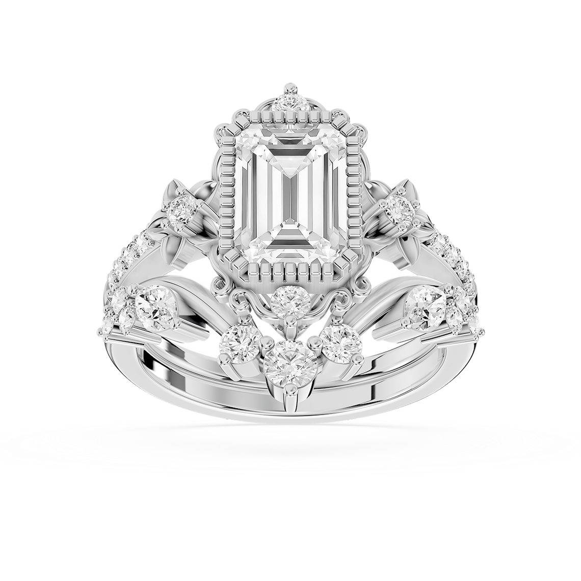 Analeah 2 ⅝ ctw Emerald Lab Grown Diamond Vintage Filigree Halo Bridal Set