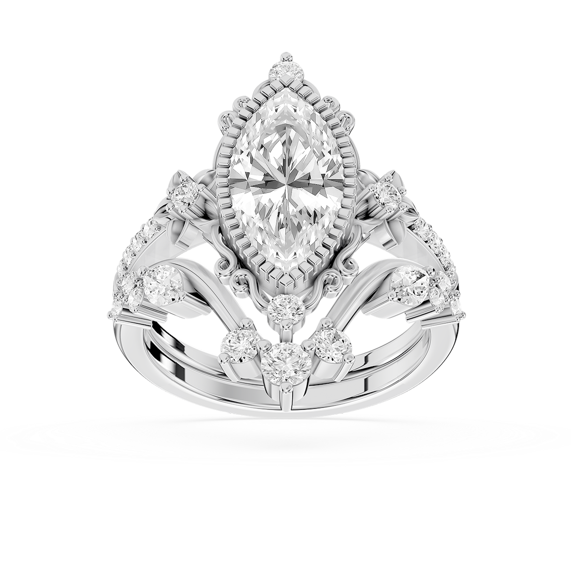 Analeah 2 ⅝ ctw Marquise Lab Grown Diamond Vintage Filigree Halo Bridal Set