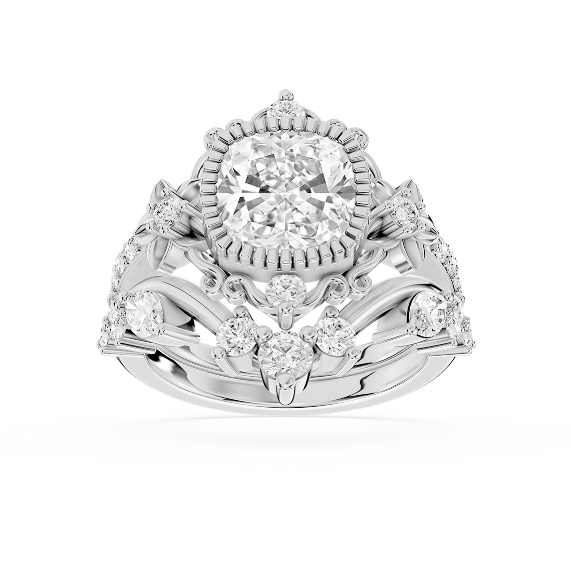 Analeah 3 ⅓ ctw Cushion Lab Grown Diamond Vintage Filigree Halo Bridal Set
