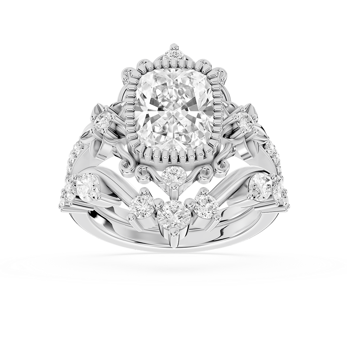 Analeah 3 ⅓ ctw Elongated Cushion Lab Grown Diamond Vintage Filigree Halo Bridal Set