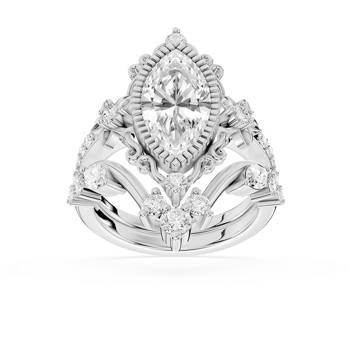 Analeah 3 ⅓ ctw Marquise Lab Grown Diamond Vintage Filigree Halo Bridal Set