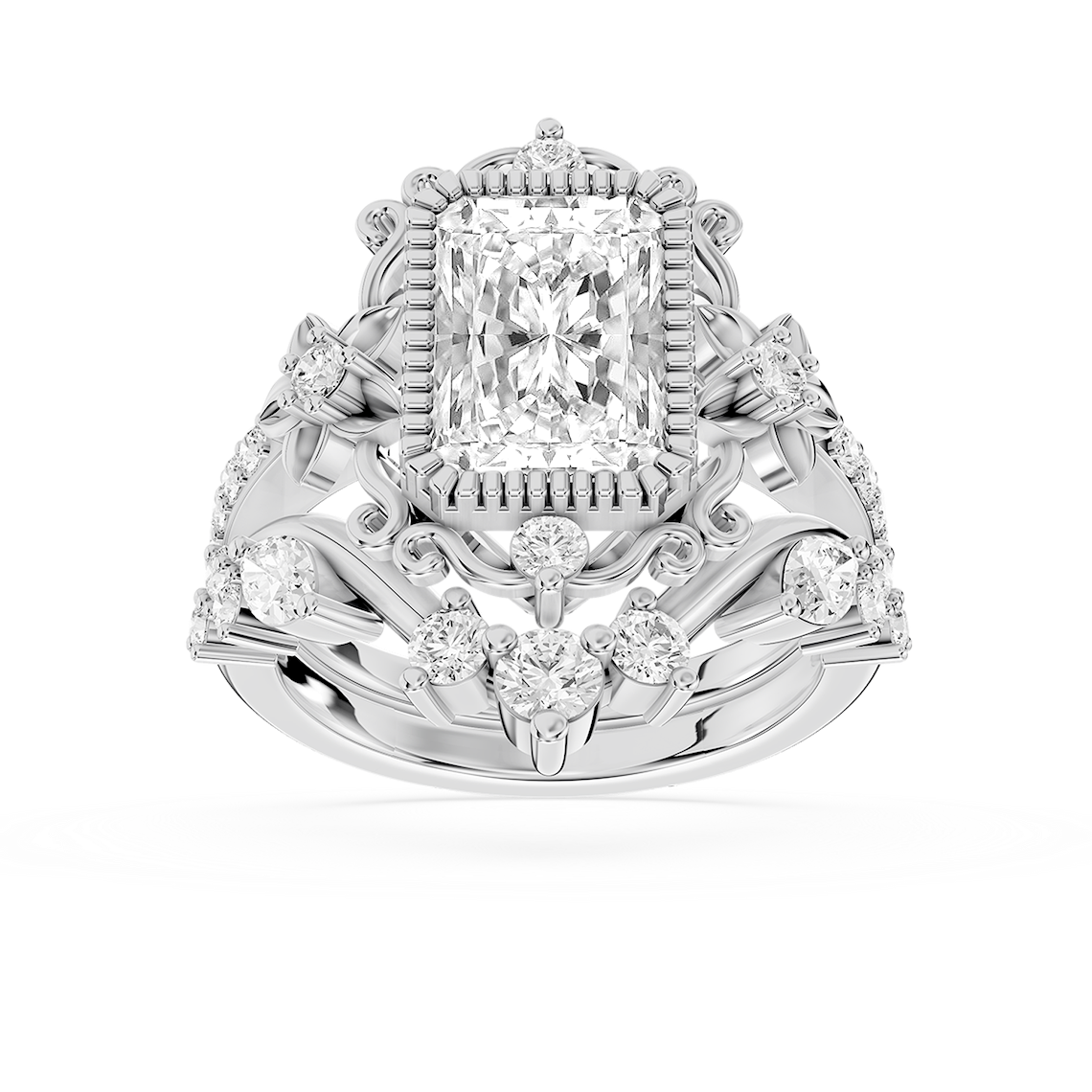 Analeah 3 ⅓ ctw Radiant Lab Grown Diamond Vintage Filigree Halo Bridal Set
