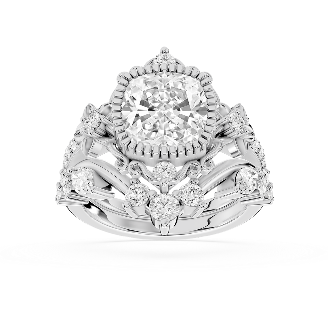 Analeah 3 ⅞ ctw Cushion Lab Grown Diamond Vintage Filigree Halo Bridal Set