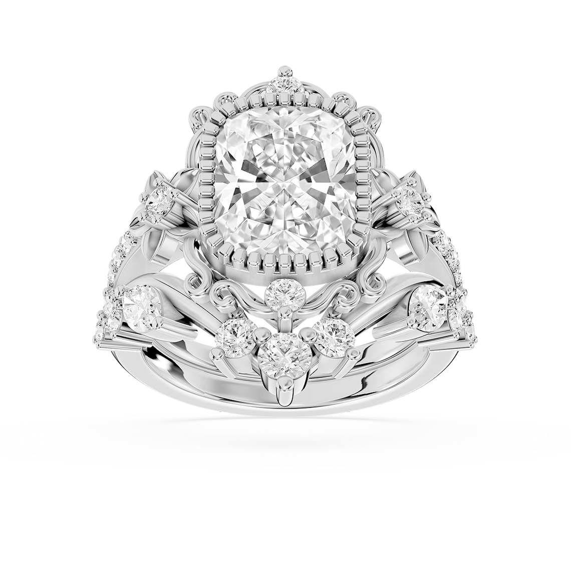 Analeah 3 ⅞ ctw Elongated Cushion Lab Grown Diamond Vintage Filigree Halo Bridal Set