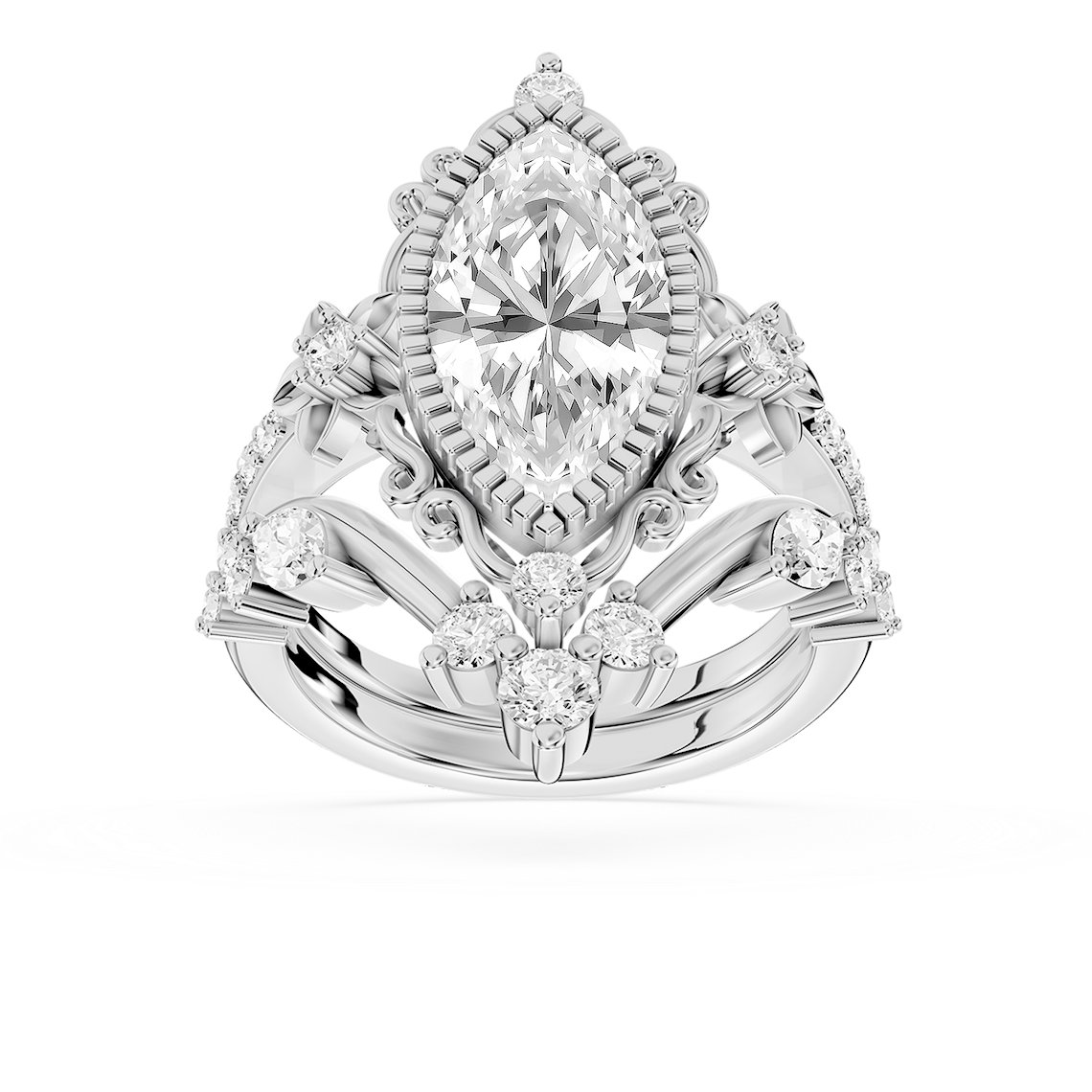 Analeah 3 ⅞ ctw Marquise Lab Grown Diamond Vintage Filigree Halo Bridal Set