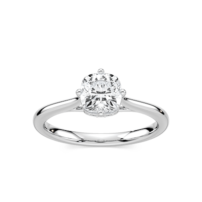 Ariel Cushion Lab Grown Diamond Eight Prong Royal Crown Hidden Halo Engagement Ring
