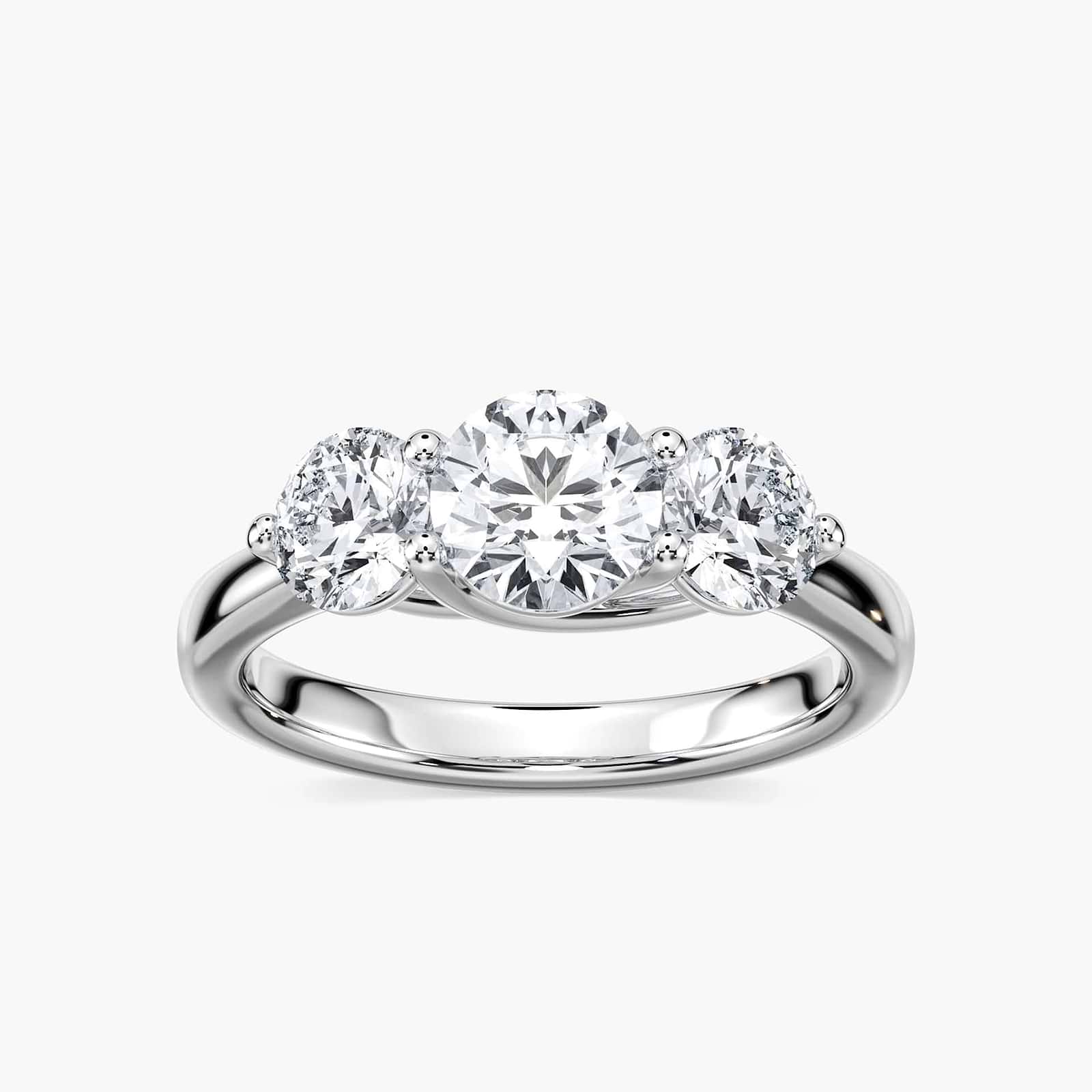 Shown with 3 Round Cut Lab Grown Diamonds in 14k White Gold|Beautiful three stone engagement ring with trellis set round cut lab grown diamonds in 14k white gold