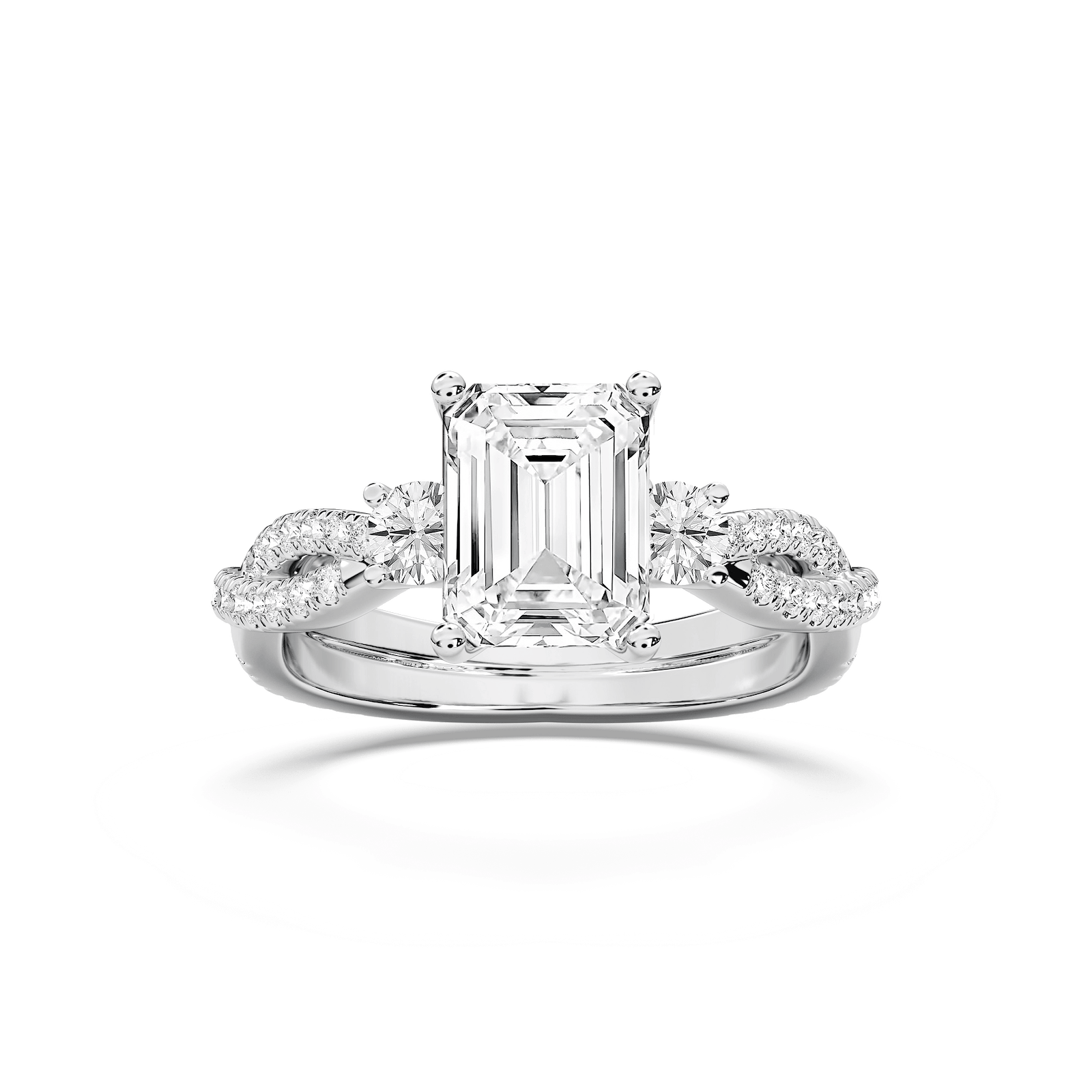Bella 2 ¾ ctw Emerald Lab Grown Diamond Twist Side Stone Engagement Ring