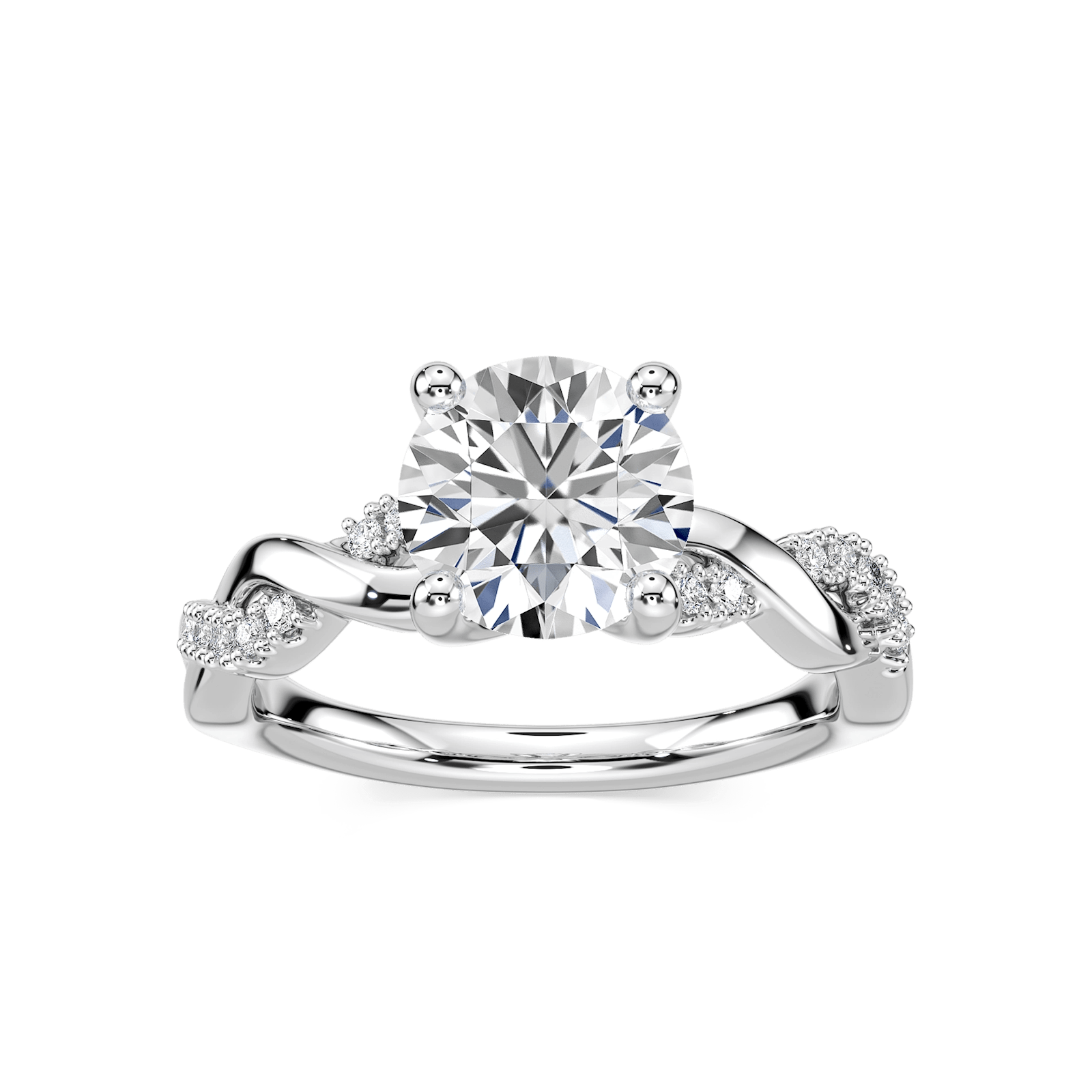 Shown with 1ct Round Cut Lab Grown Diamond in 14k White Gold|Nature inspired engagement ring with twisted diamond accented band featuring 1ct round cut lab grown diamond in 14k white gold