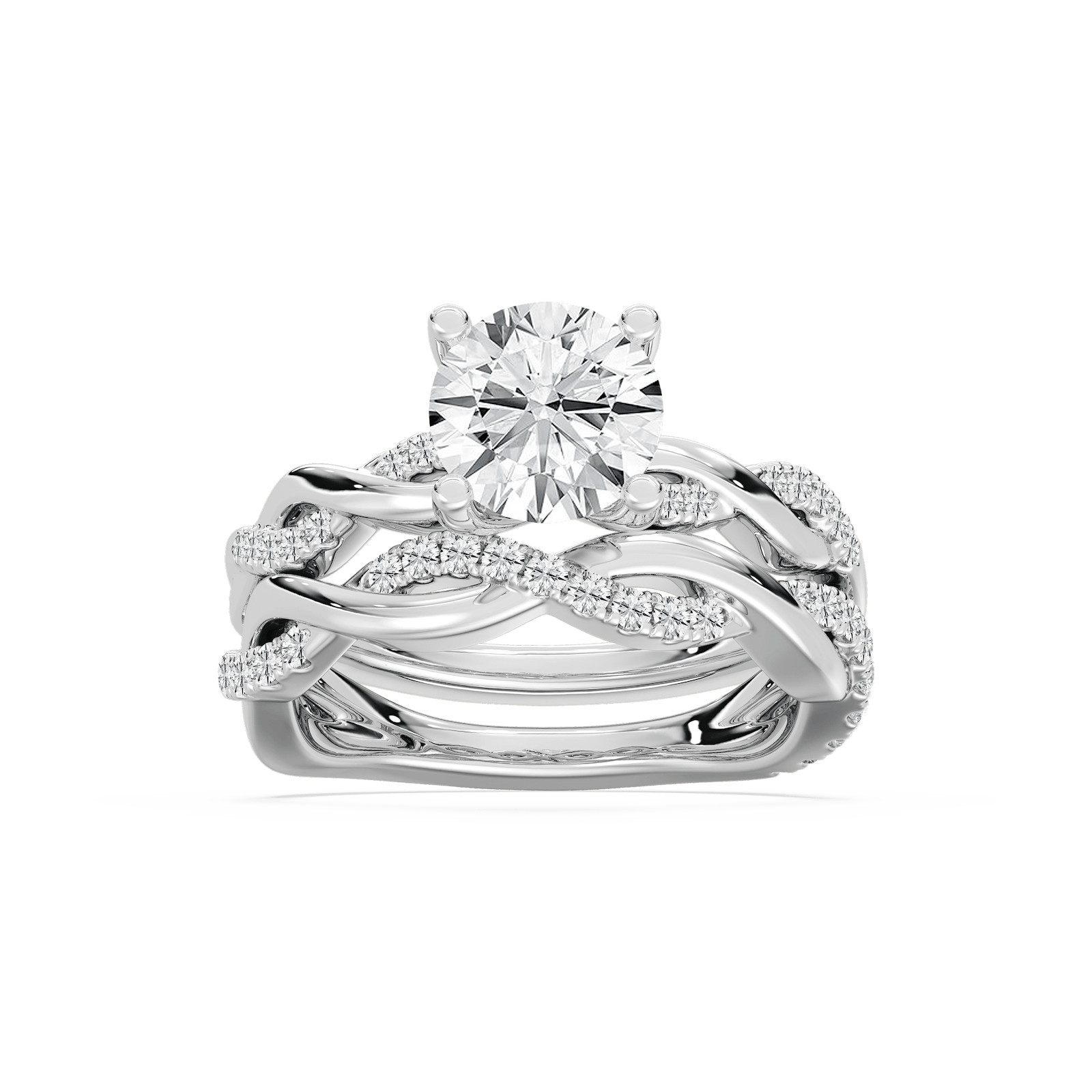 Matching Wedding Set shown with a 1.0ct round cut Lab-Grown Diamond with accenting stones in recycled 14K white gold | diamond accented engagement ring and matching wedding band Shown with a 1.0ct round cut Lab-Grown Diamond with accenting stones in recycled 14K white gold