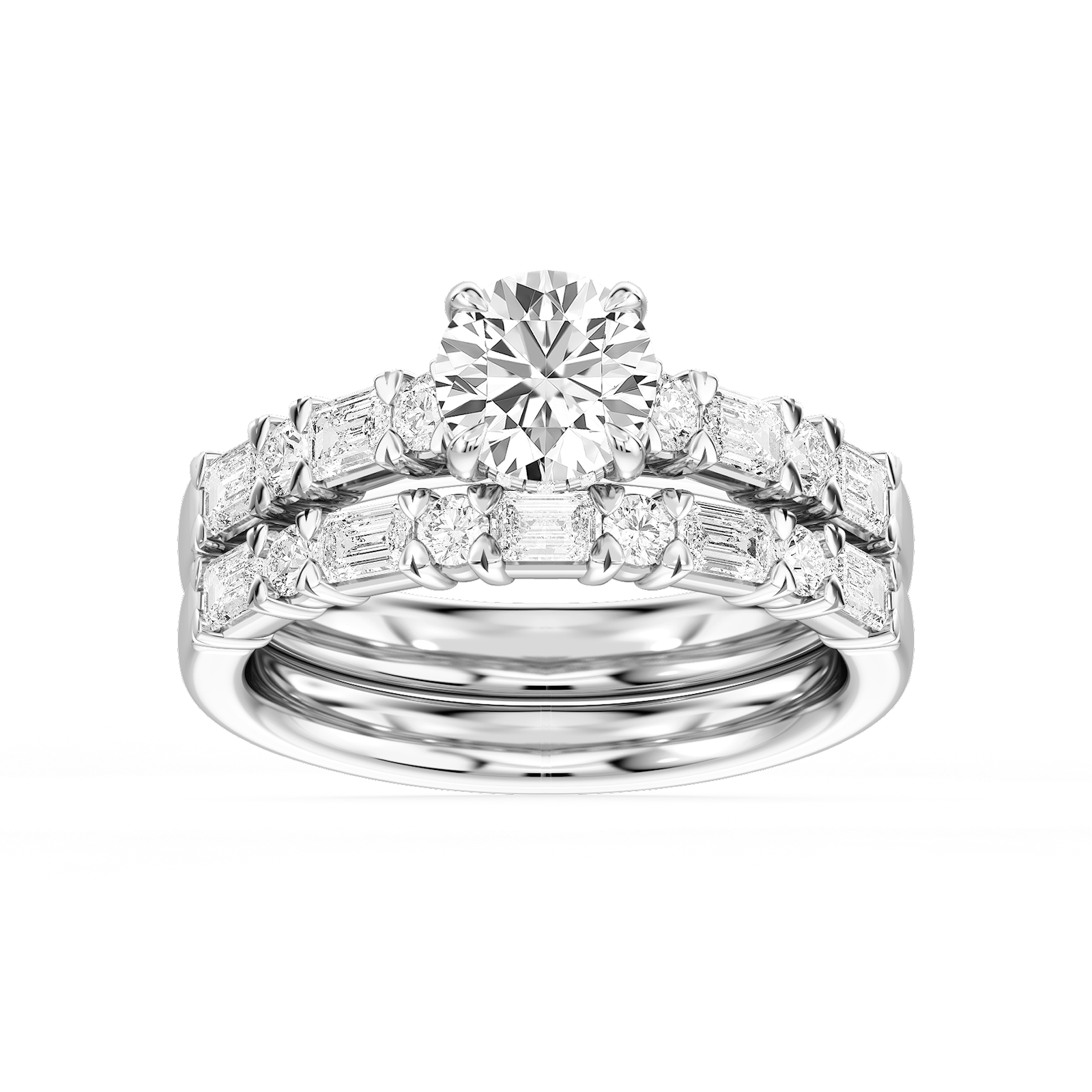 Brandy Round Lab Grown Diamond Round and Emerald Cathedral Wedding Set