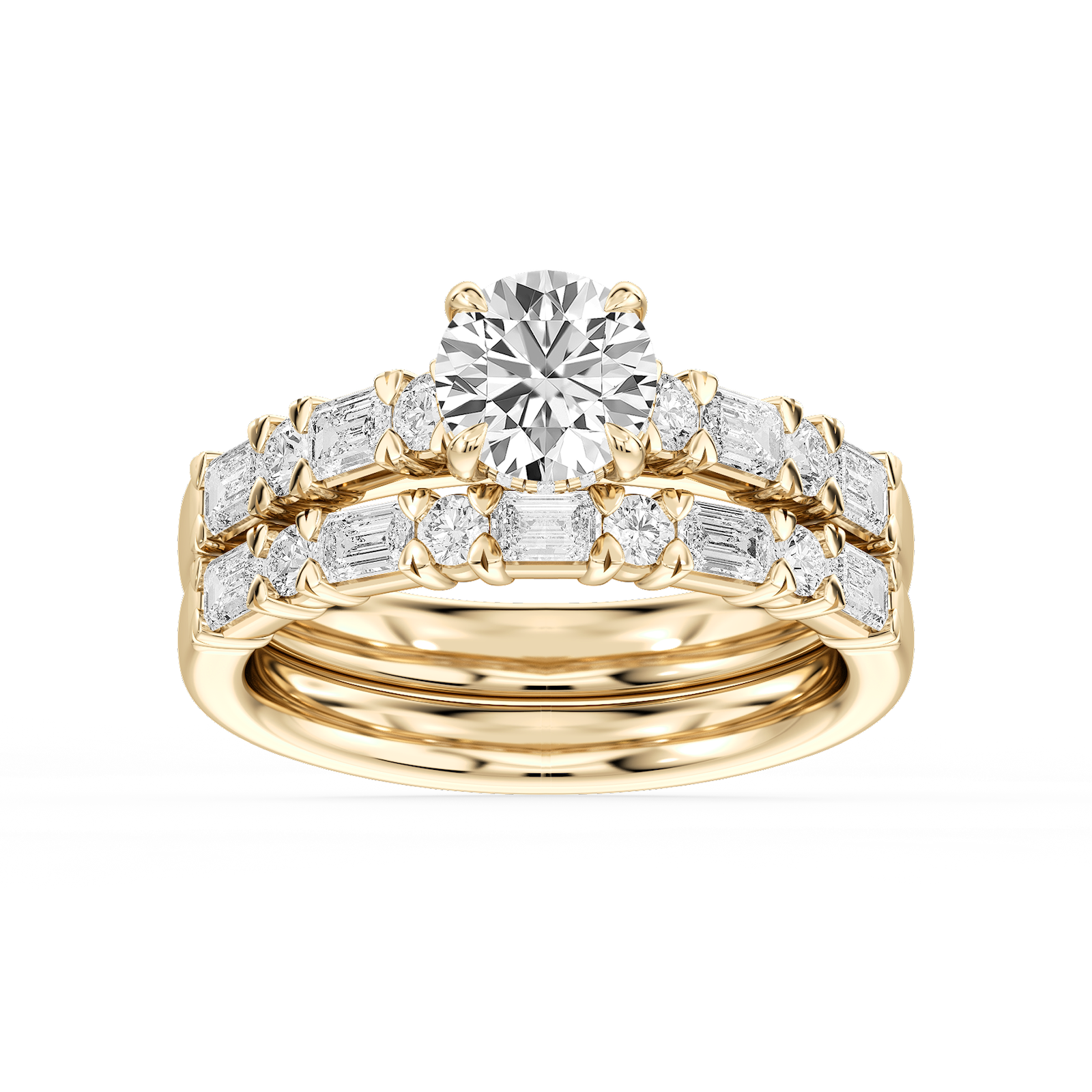 Brandy Round Lab Grown Diamond Round and Emerald Cathedral Wedding Set
