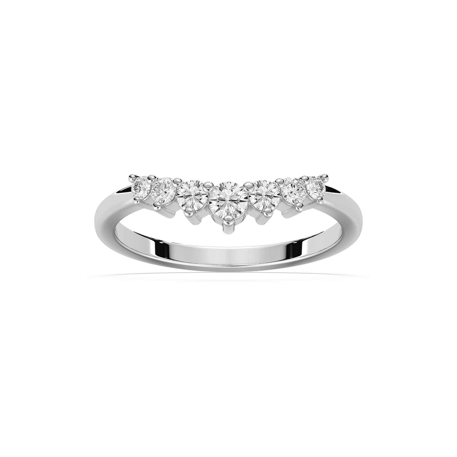 Shown in 14k White Gold|Graduated lab grown diamond accented v wedding band with stackable contour design set in 14k white gold