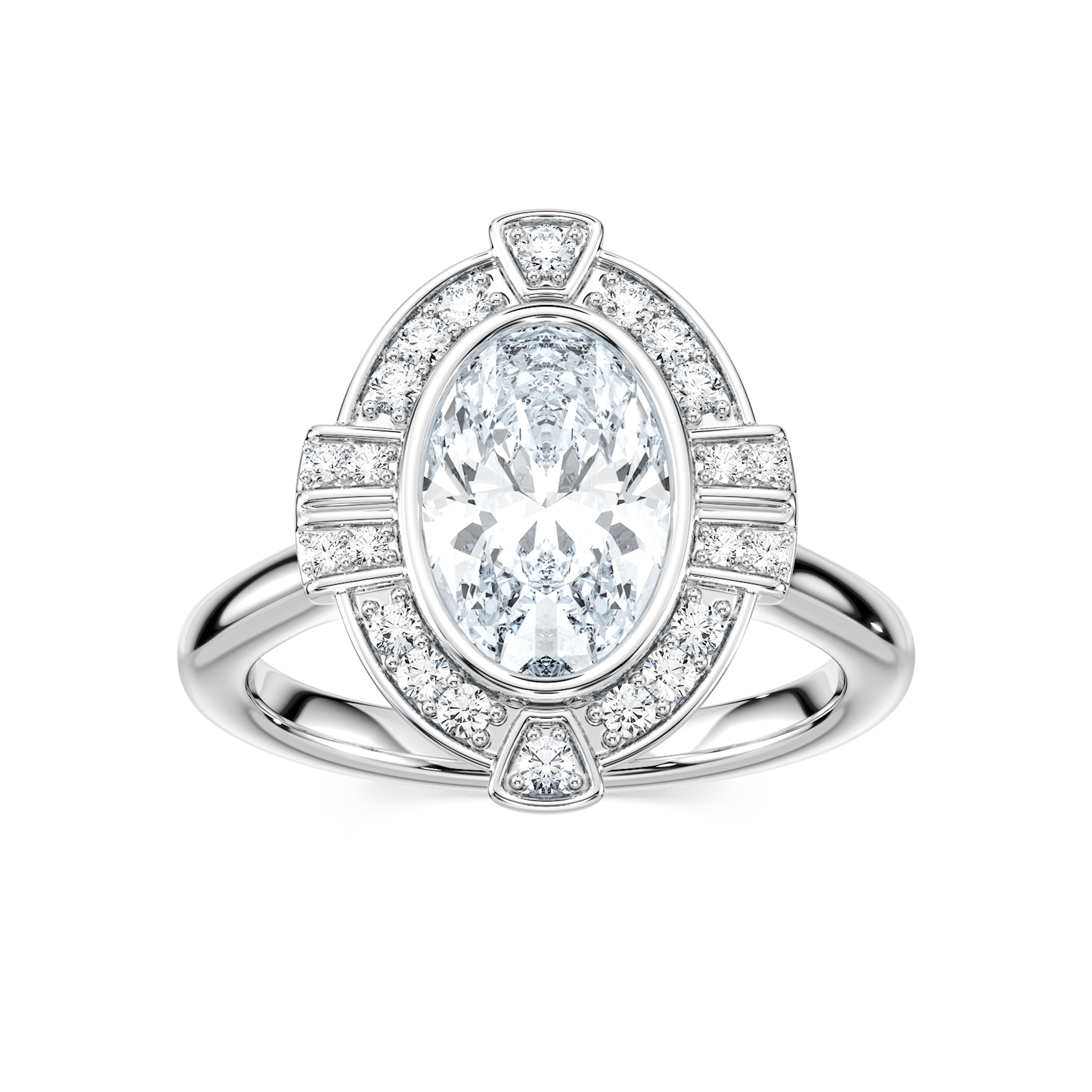 Shown with 1ct Oval Cut Lab Grown Diamond in 14k White Gold|Antique style engagement ring with milgrain detail diamond accented halo surrounding a 1ct oval cut lab grown diamond in 14k white gold