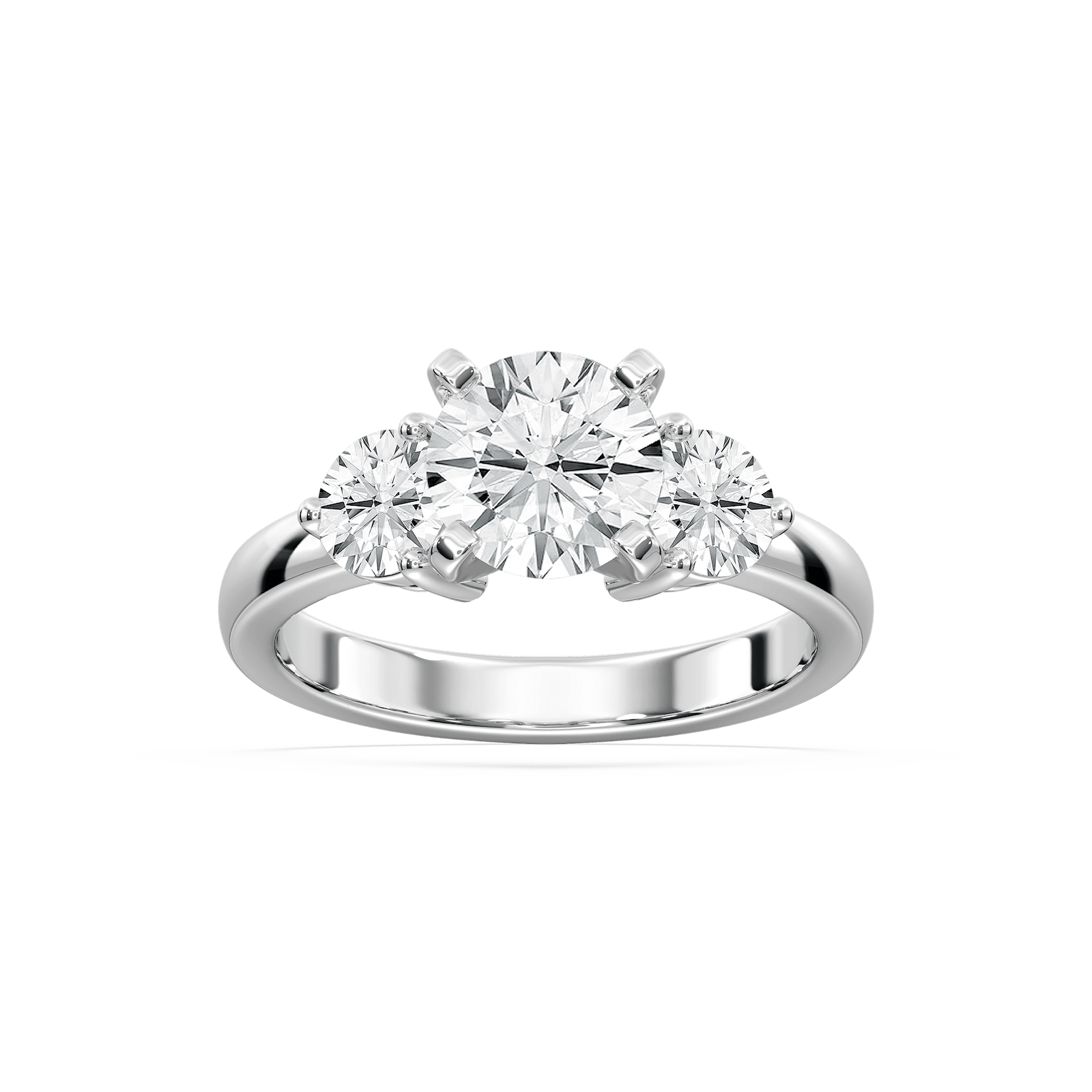 Shown with three Round Cut Lab Grown Diamonds in 14k White Gold|Three stone engagement with round cut lab grown diamonds in 14k white gold
