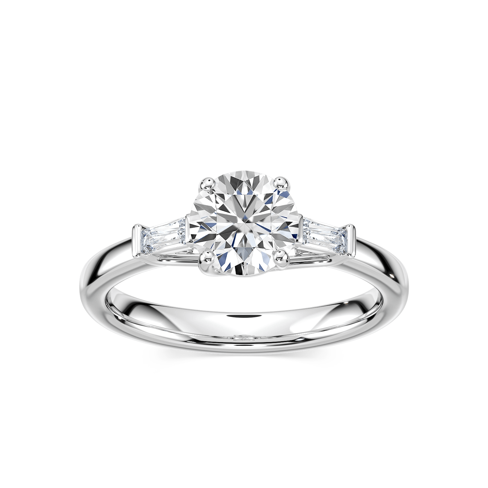 Shown with 2ct Oval Cut Lab Grown Diamond set in 14k White Gold|Beautiful three stone engagement ring with trellis set 2ct oval cut lab grown diamond amid baguette side stones in 14k white gold