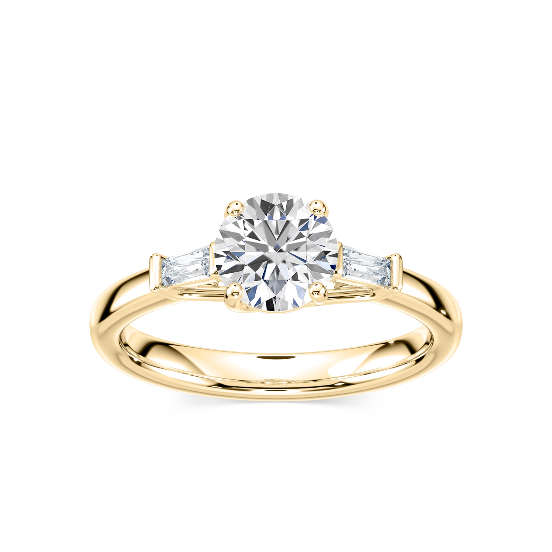 Carma Lab Grown Diamond Tapered Baguette Sides Three Stone Engagement Ring