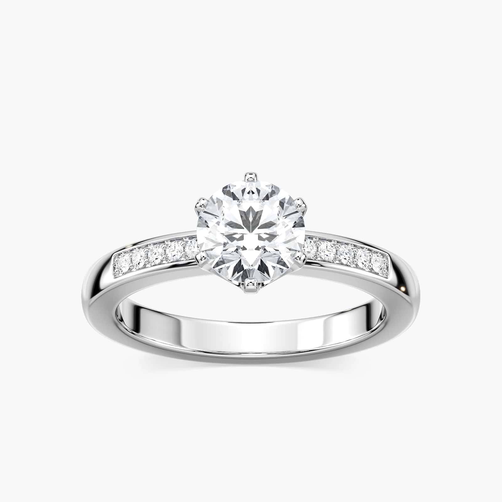 Shown with 1ct Round Cut Lab Grown Diamond in 14k White Gold|Diamond accented 6 prong engagement ring with 1ct round cut lab grown diamond in 14k white gold