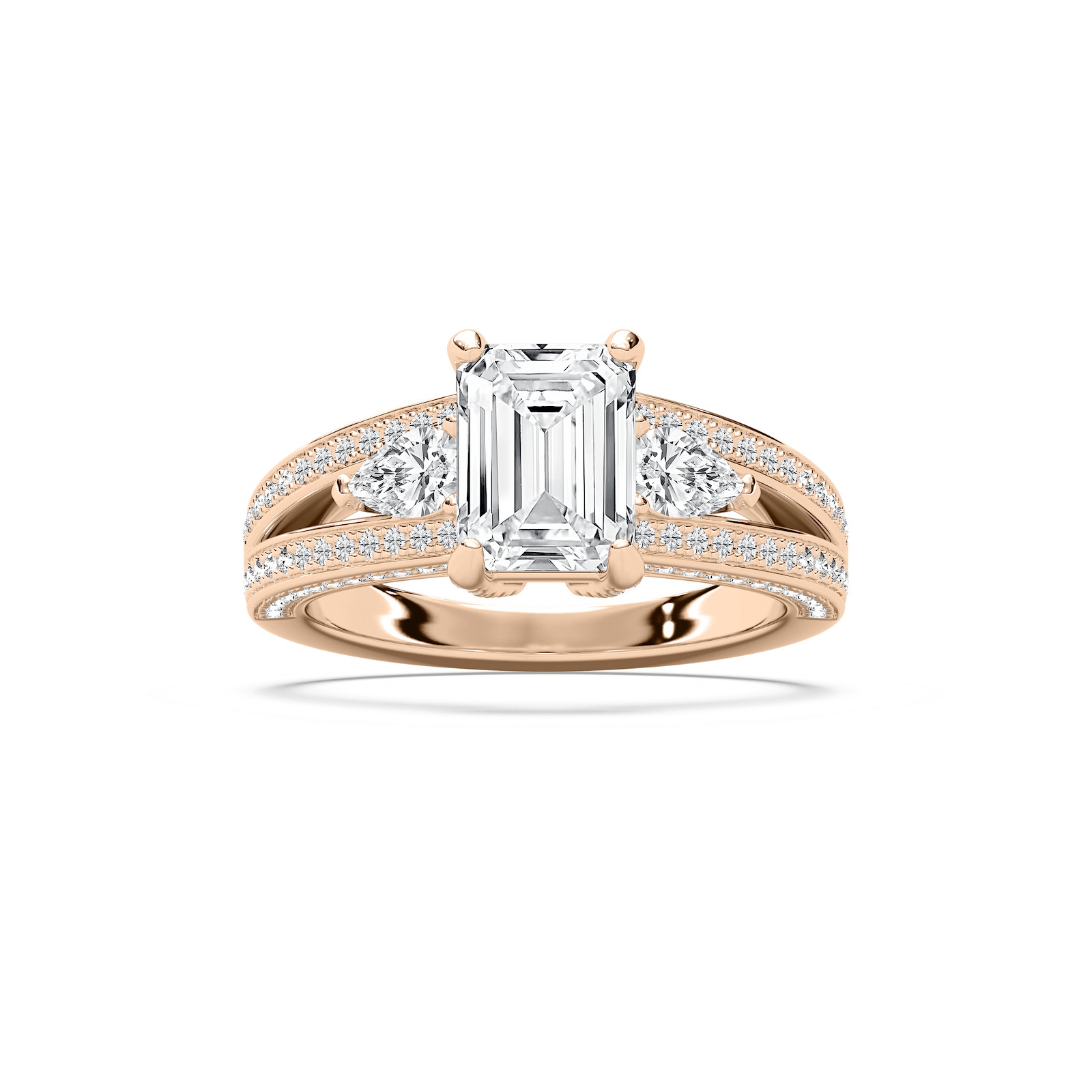 Cassie 3 ¹⁄₆ ctw Emerald Lab Grown Diamond Royal Split Shank Side Stone Engagement Ring