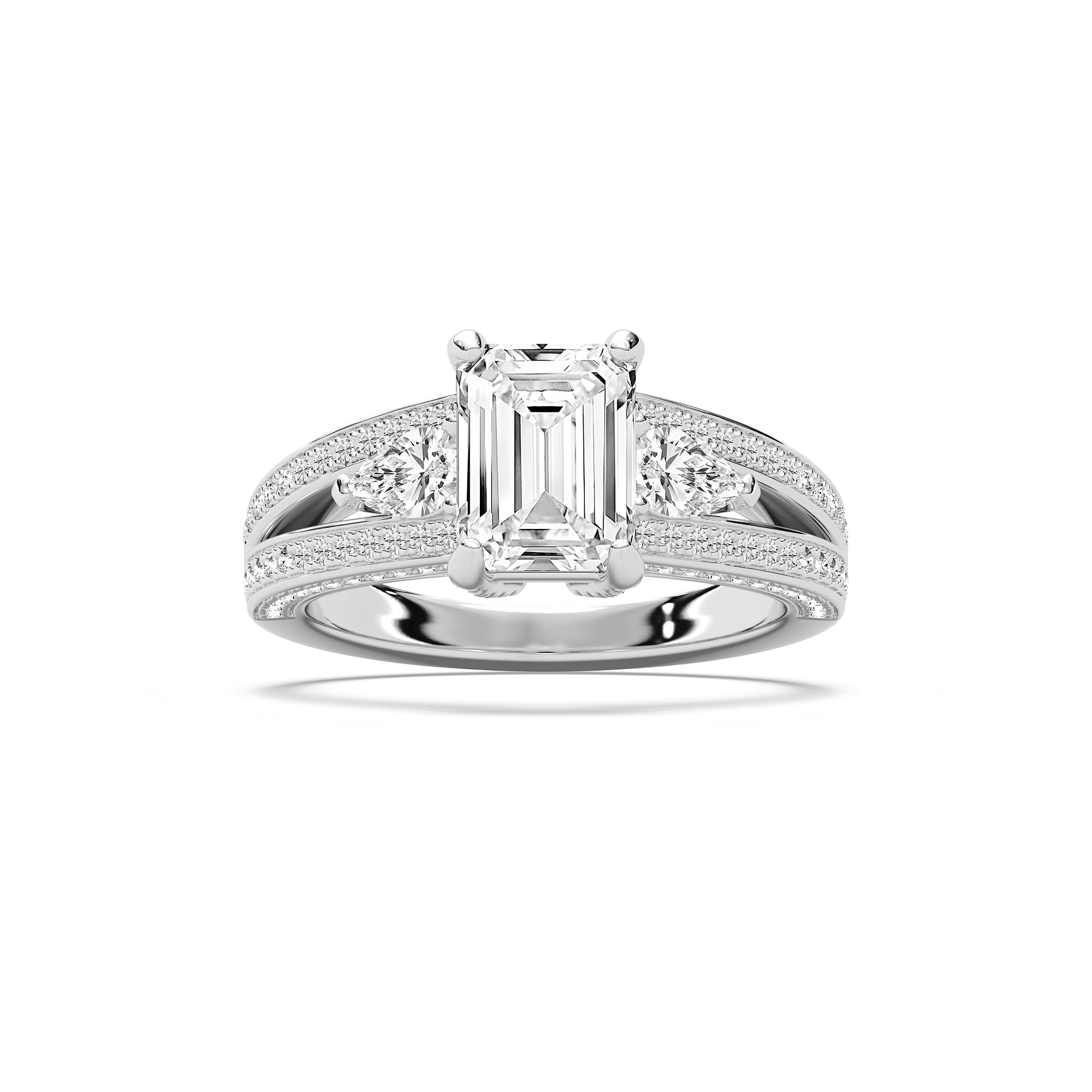 Cassie 3 ¹⁄₆ ctw Emerald Lab Grown Diamond Royal Split Shank Side Stone Engagement Ring