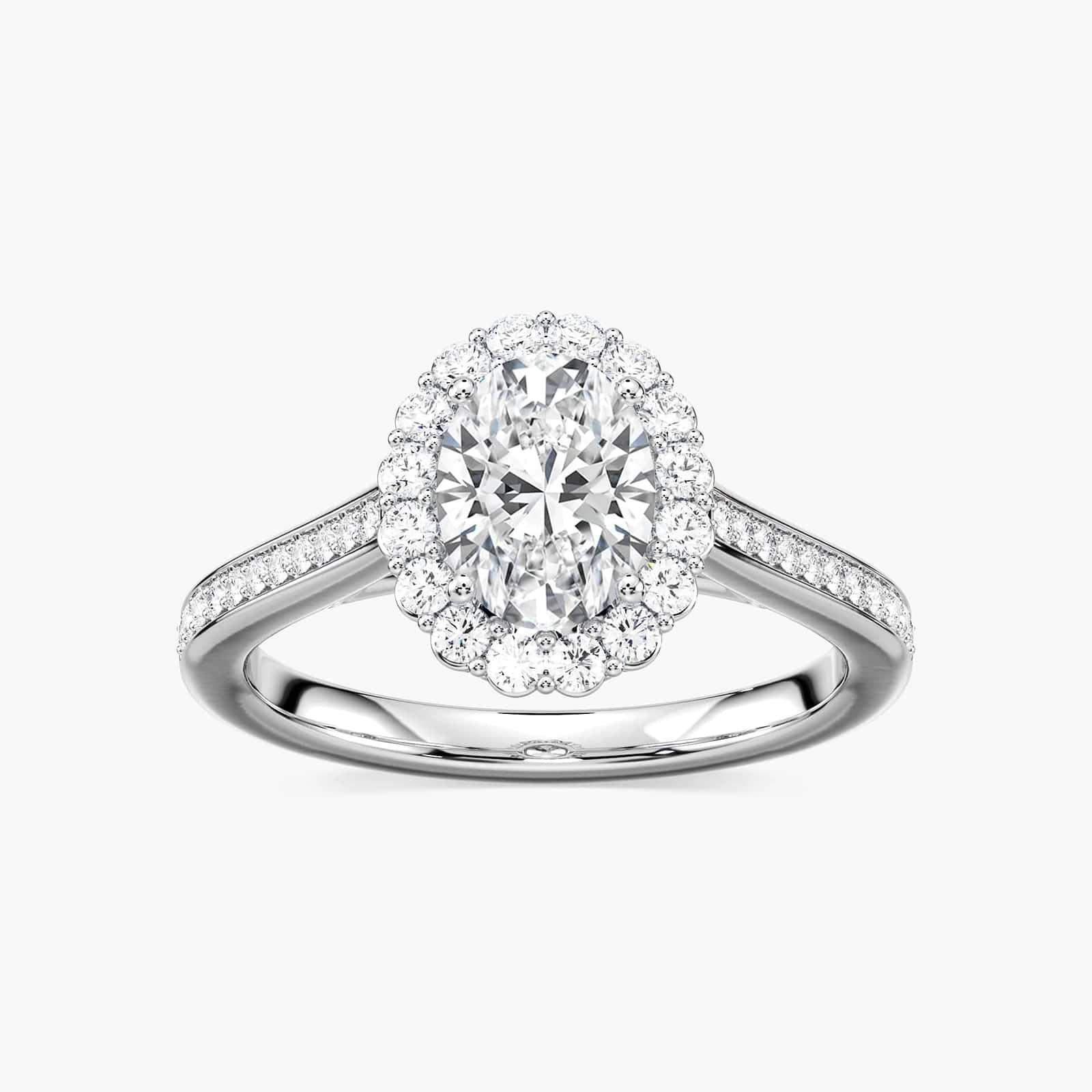 Shown with 1ct Oval Cut Lab Grown Diamond in 14k White Gold|Diamond accented halo engagement ring with 1ct oval cut lab created diamond in 14k white gold setting