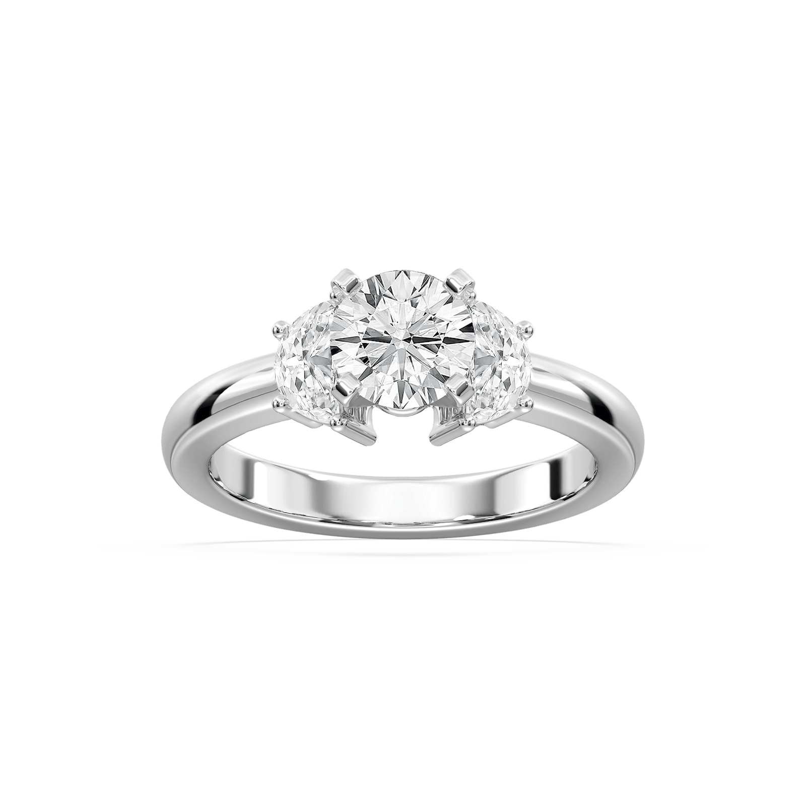 Shown with 1ct Round Cut Lab Grown Diamonds in 14k White Gold|Beautiful three stone engagement ring with 1ct round cut lab grown diamond with half moon cut diamond side stones in 14k white gold