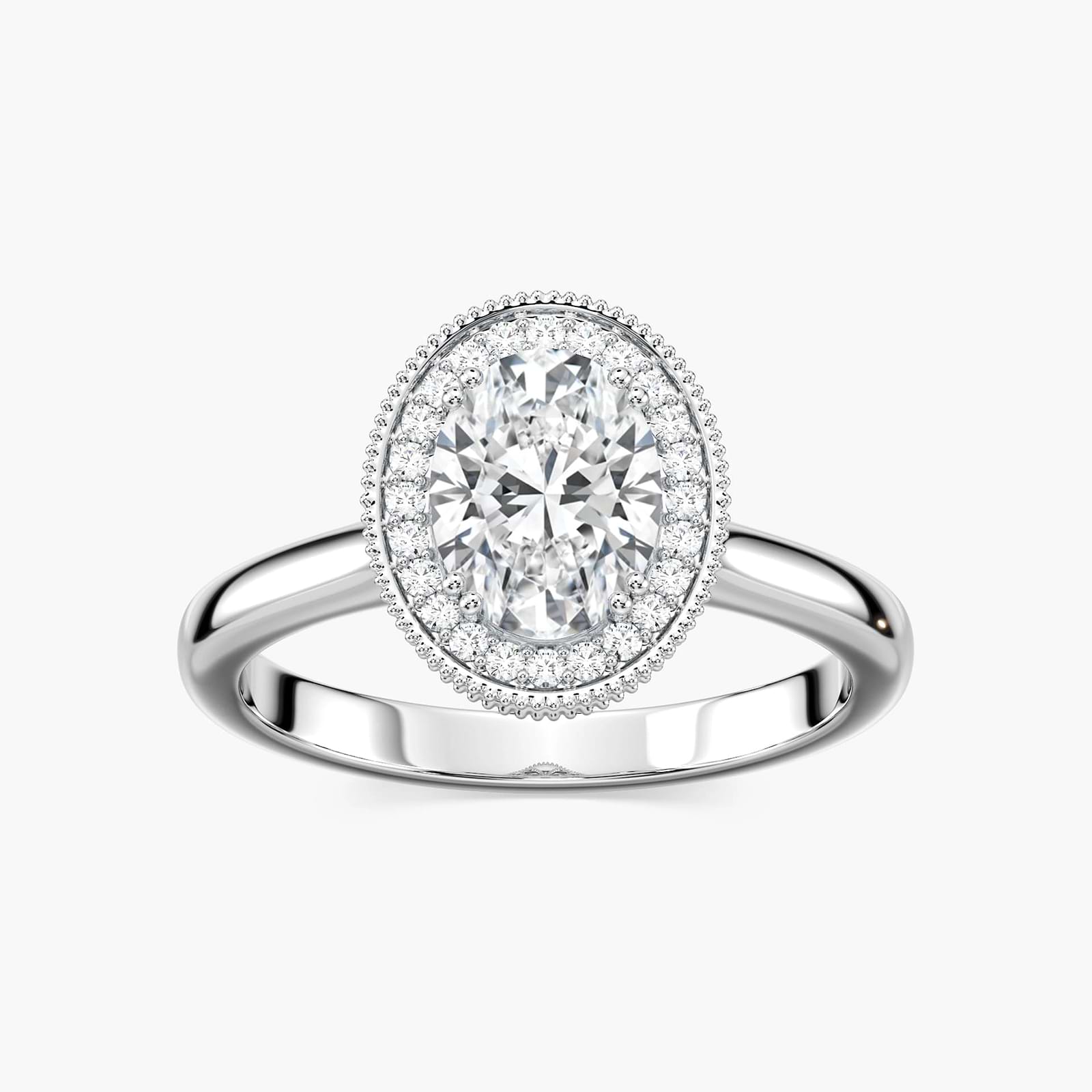 Shown with 1ct Oval Cut Lab Grown Diamond in 14k White Gold|Antique style diamond accented halo engagement ring with 1ct oval cut lab grown diamond in 14k white gold