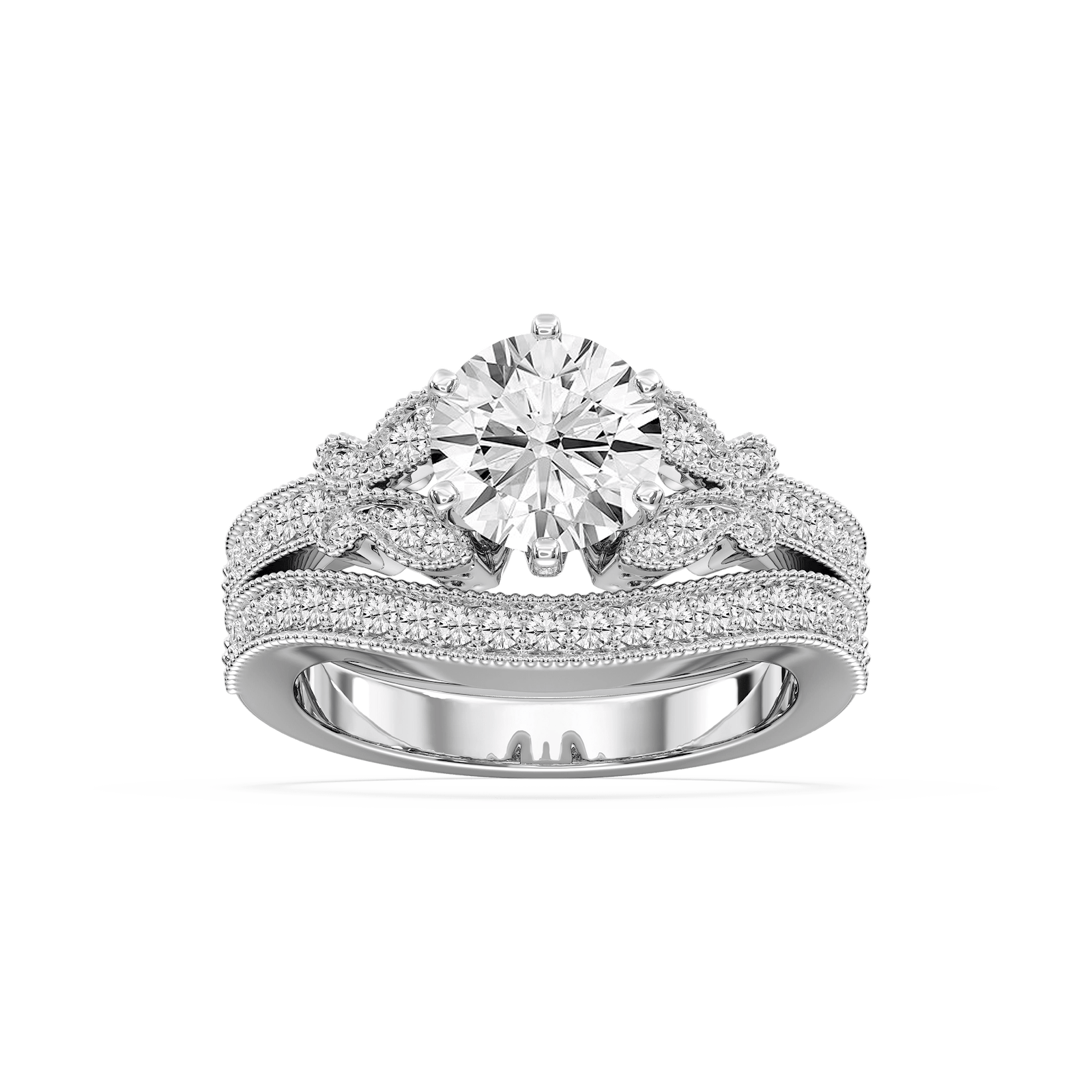 Shown with a 1.0ct Round cut Lab-Grown Diamond with milgrain detail and recycled diamonds in recycled 14K white gold and matching wedding band| antique butterfly milgrain wedding set Shown with a 1.0ct Round cut Lab-Grown Diamond with milgrain detail and recycled diamonds in recycled 14K white gold