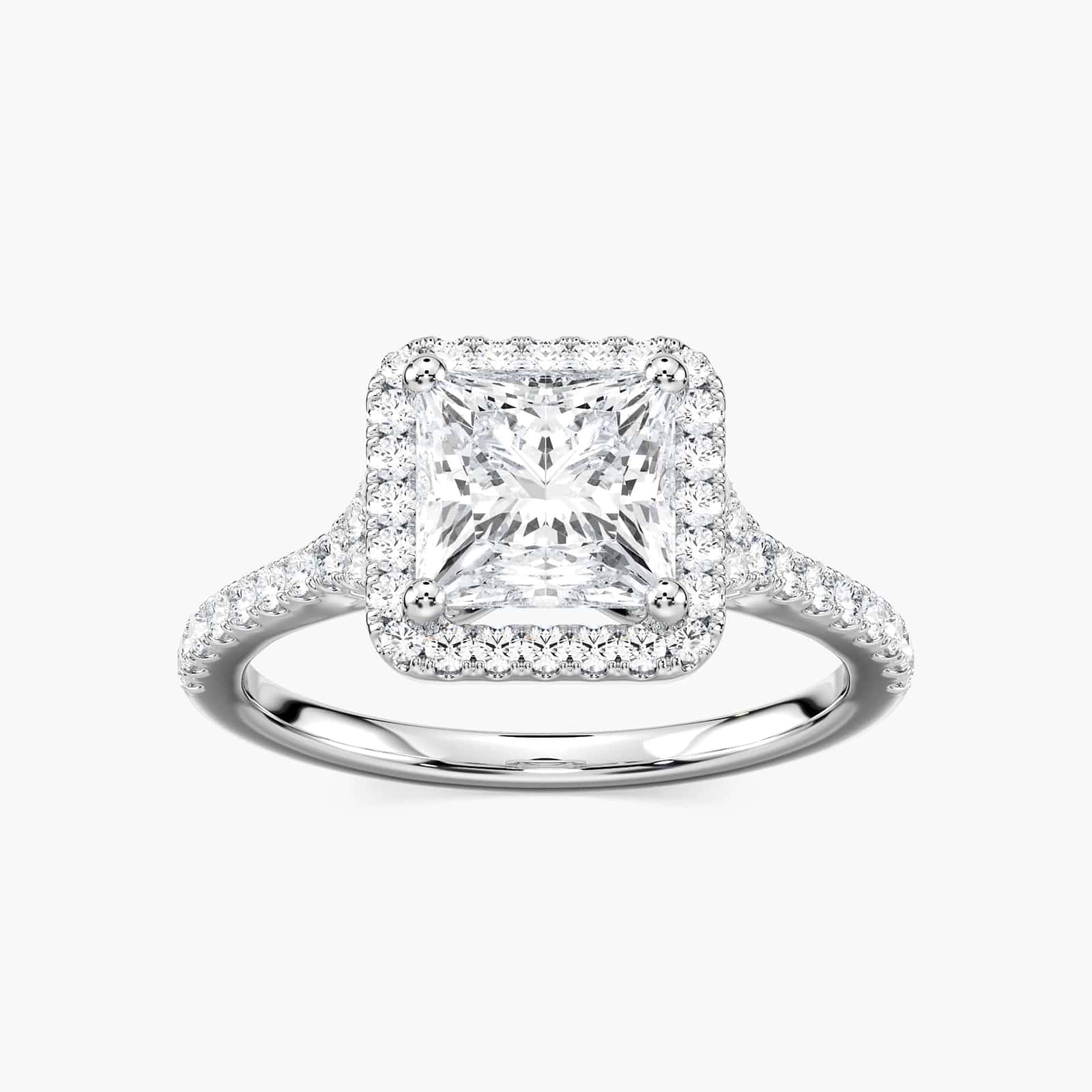 Shown with 2ct Princess Cut Lab Grown Diamond in 14k White Gold|Antique style diamond accented halo engagement ring with 2ct princess cut lab grown diamond in 14k white gold