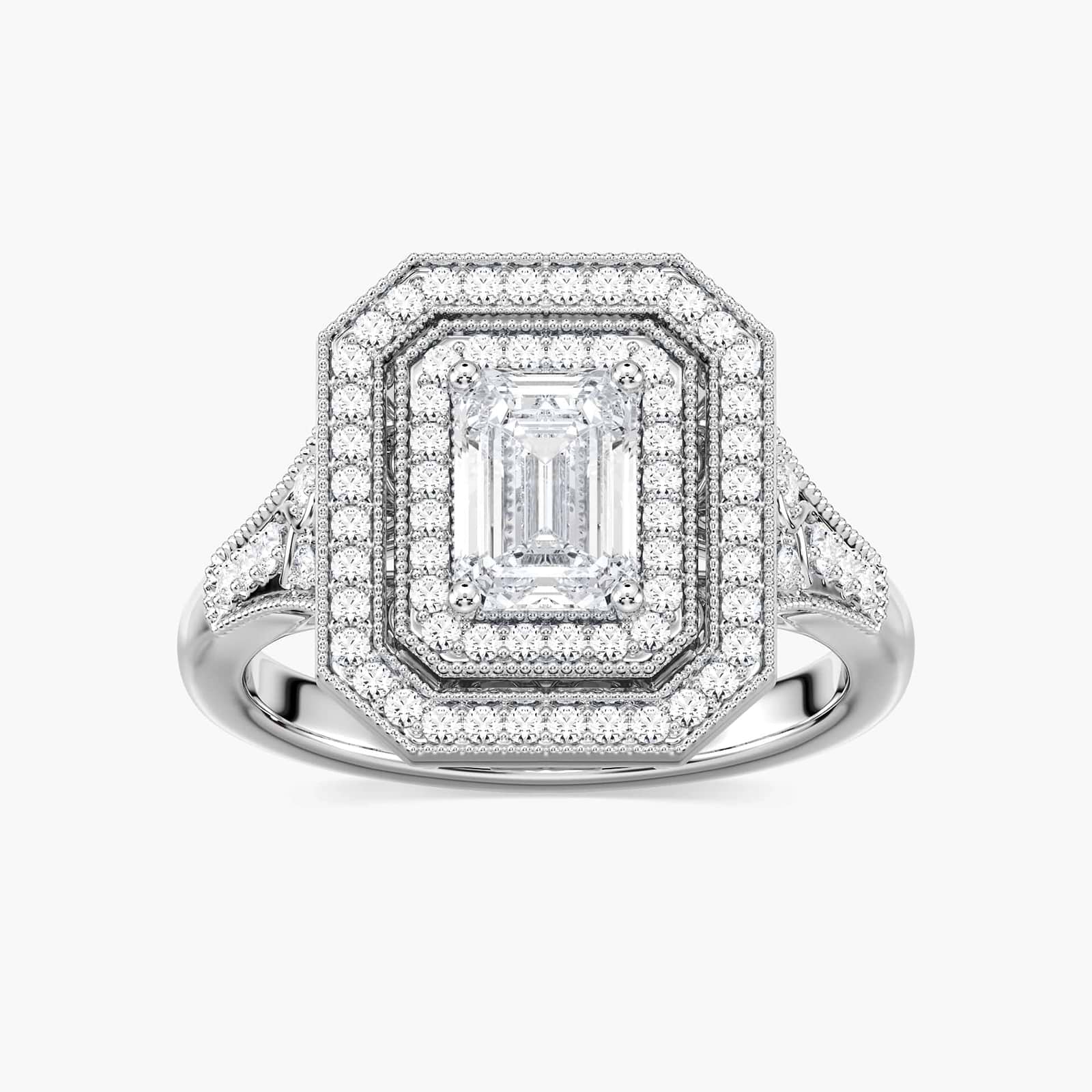 Shown with 1ct Emerald Cut Lab Grown Diamond in 14k White Gold|Antique style double halo engagement ring with 1ct emerald cut lab grown diamond in 14k white gold