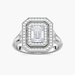 Genevieve Emerald Lab Grown Diamond Vintage Frame Double Halo Engagement Ring