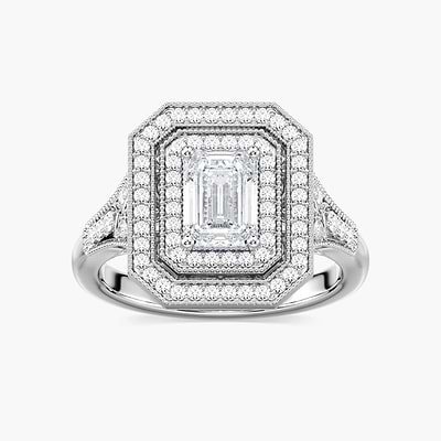 Genevieve Emerald Lab Grown Diamond Vintage Frame Double Halo Engagement Ring