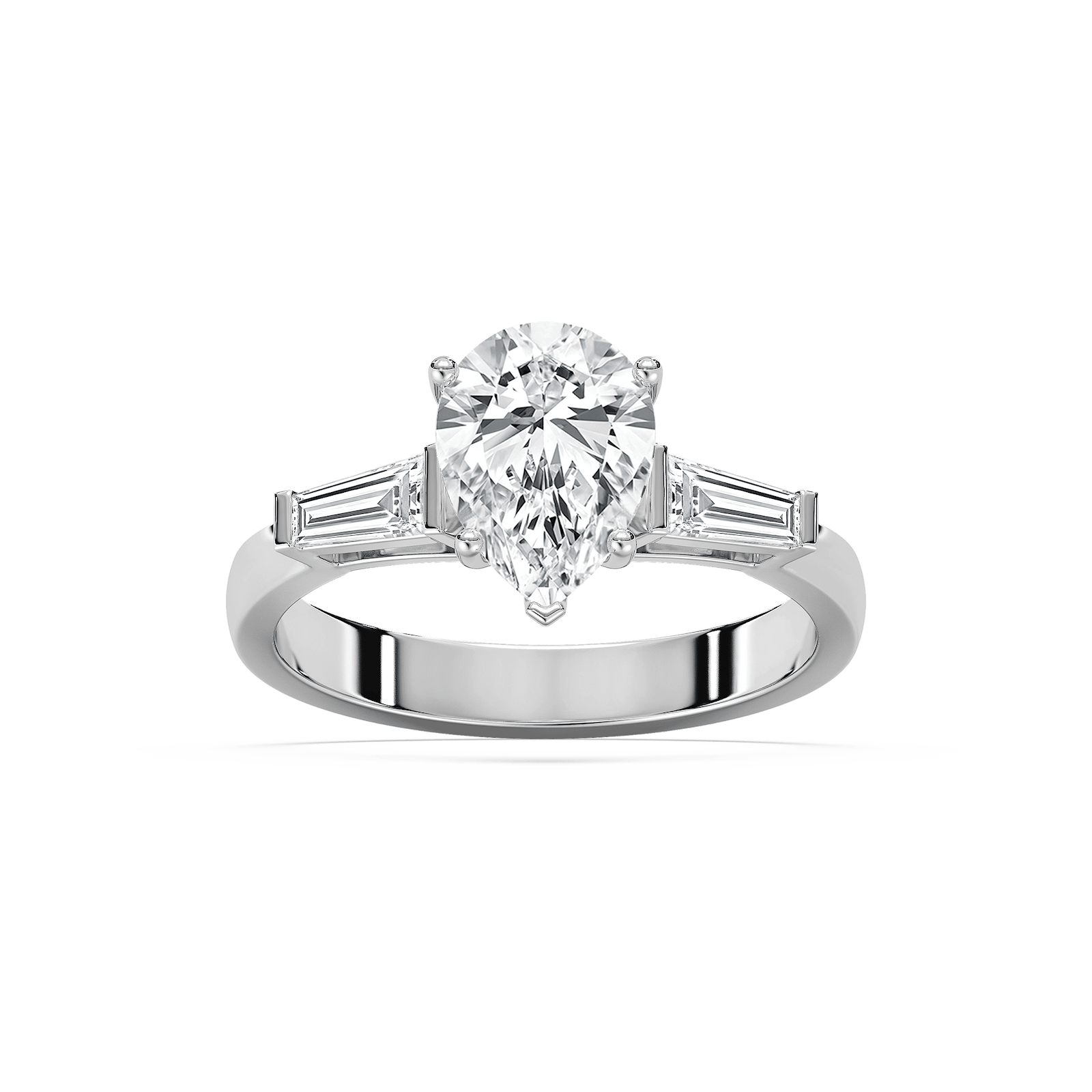 Shown with 1ct Emerald Cut Lab Grown Diamond in 14k Yellow Gold|Modern three stone engagement ring with two baguette cut recycled diamond side stones and a 1ct emerald cut lab grown diamond center in 14k yellow gold