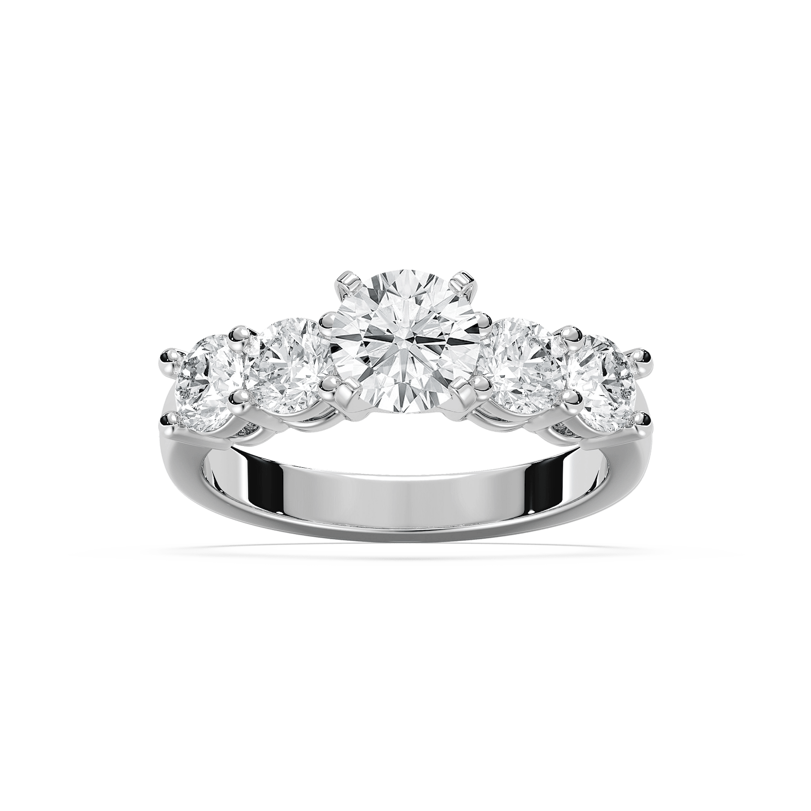 Shown with a 1ct Round Cut Lab Grown Diamond Center Stone amid four 0.25ct Diamond Hybrids in 14k White Gold|Accented engagement ring with a 1ct round cut lab grown diamond amid diamond hybrid simulants totaling 1ctw in 14k white gold