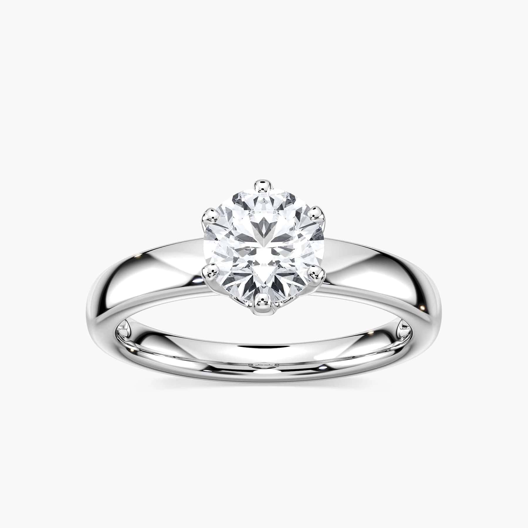 Shown with 1.5ct Round Cut Lab Grown Diamond in 14k White Gold|Classic solitaire engagement ring with 6 prong head set 1.5ct round cut lab grown diamond in 14k white gold