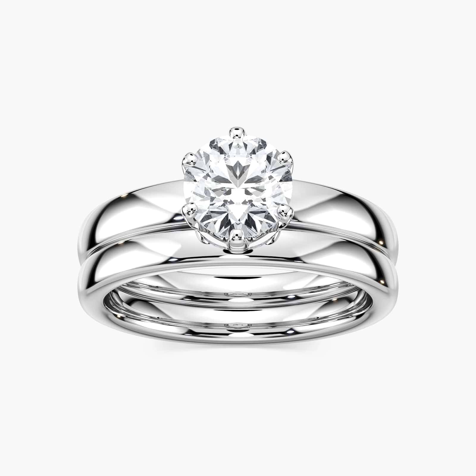 Engagement Ring Shown with Matching Wedding Band Available as a Set for a Discount|Affordable simple solitaire wedding ring set with lab grown diamond ion 14k white gold