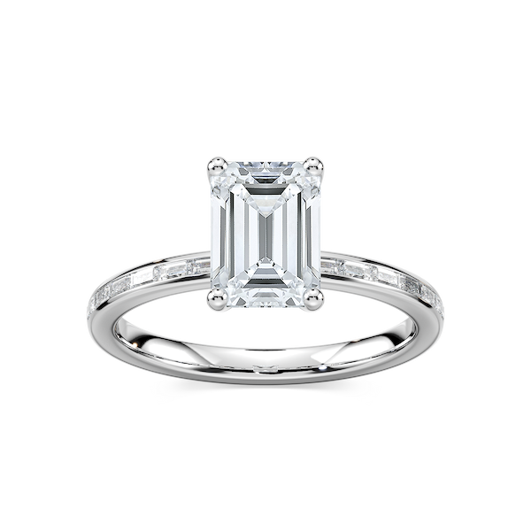 Clea Emerald Lab Grown Diamond Channel Set Baguette Side Stone Engagement Ring