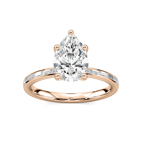 Clea Pear Lab Grown Diamond Channel Set Baguette Side Stone Engagement Ring