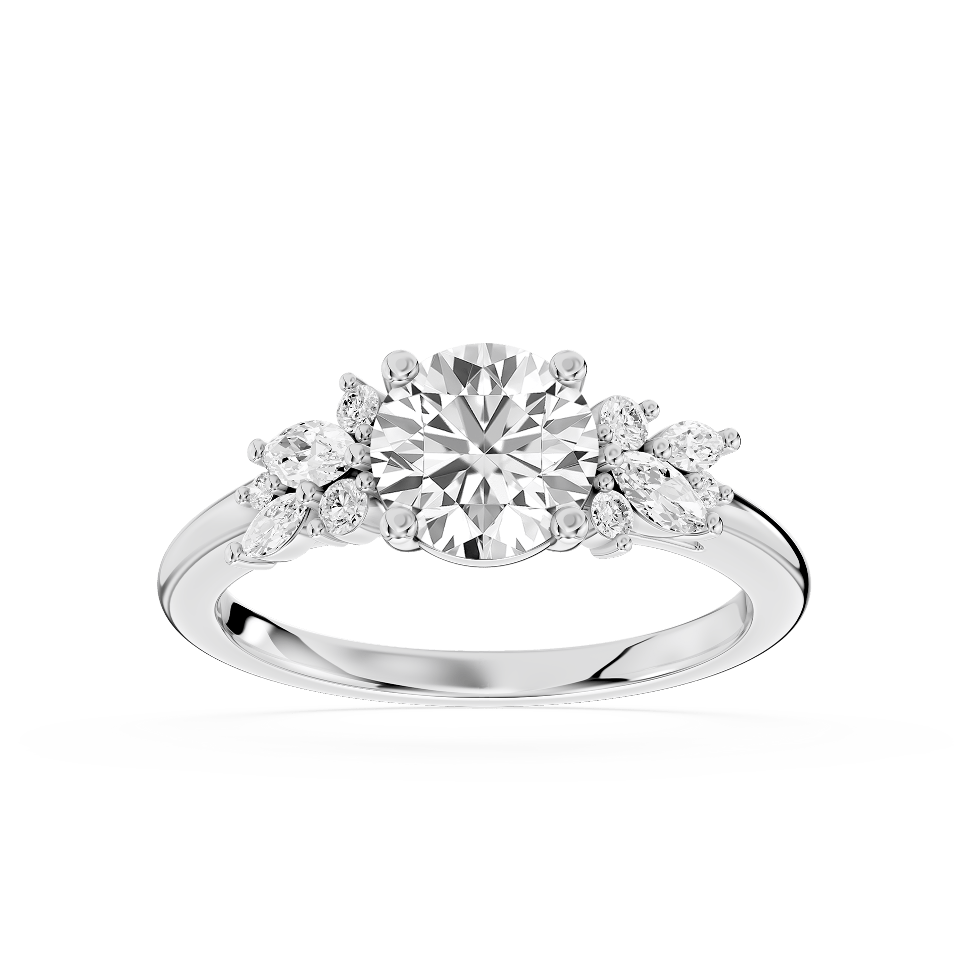 Clover Round Lab Grown Diamond Flower Petal Side Stone Engagement Ring