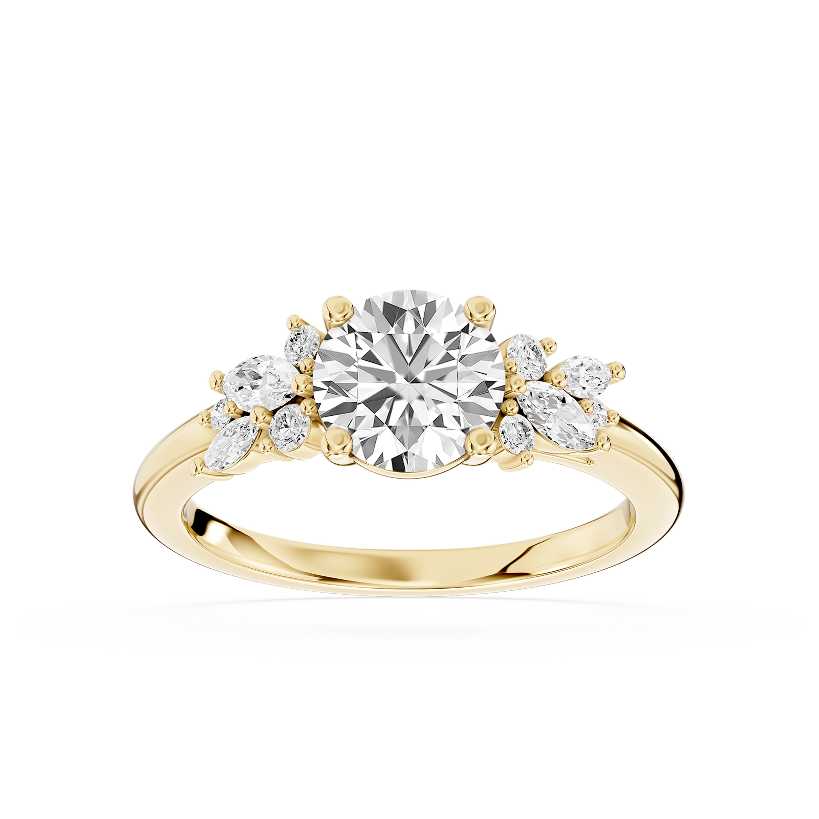 Clover Round Lab Grown Diamond Flower Petal Side Stone Engagement Ring