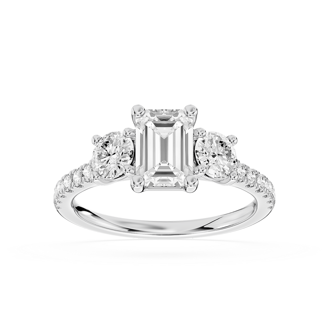 Corinne 1 ¾ ctw Emerald Lab Grown Diamond Round Three Stone Engagement Ring